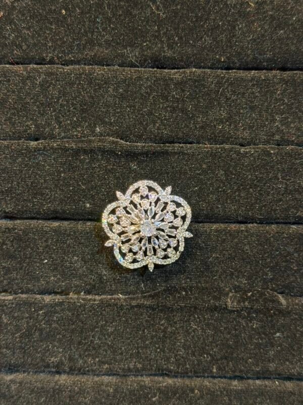 Ornate Scalloped Floral Cubic Zirconia Ring | Silver Crystal Cluster Cocktail Ring | Vintage-Inspired Statement Jewelry for Women