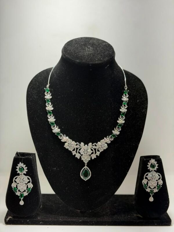 Elegant Silver-Tone Emerald Floral Necklace Set with Matching Earrings for Women & Girl Perfect for Any occasions and wedding gift